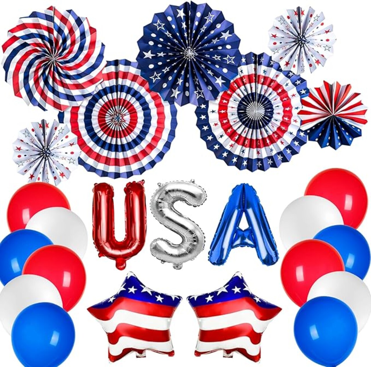 Patriotic Party Decorations Set 4th of July Decor Red White Blue Balloons, Paper Fans, UAS Star Foil Balloons for Veterans day, Labor Day, Presidents Day, Flag Day Party Decorations